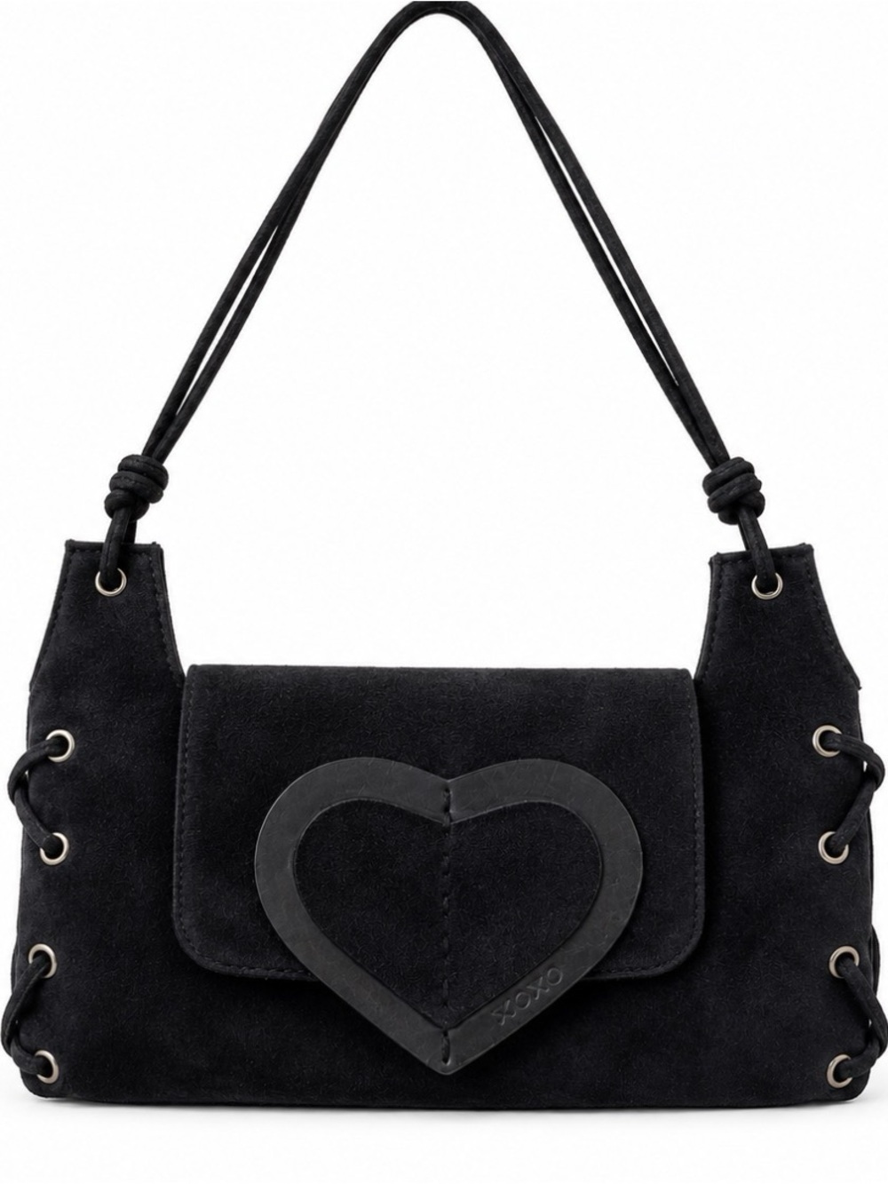 XOXO Black Faux Suede Shoulder Bag Y2K Heart Detail Purse | Lace-Up Sides